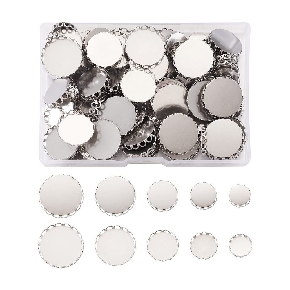 7038 150pcs Stainless Steel Round Lace Edge Bezel Cups Pendant Trays